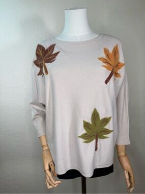 Aaeda Felted Leaves Motif Appliqué Pullover 3/4 Sleeves Sweater Size Large EUC